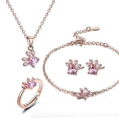 Rose Gold Paw Jewelry Set 4 Pieces with Zirconia Heart