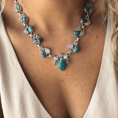 Floral Bohemian Necklace in Opal and Turquoise