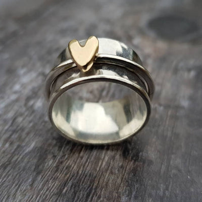 Golden Heart Silver Ring