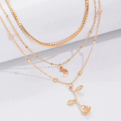 Gold Rose and Moon Pendant Necklace