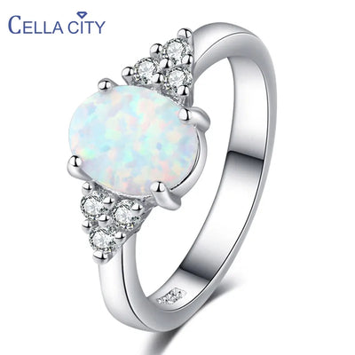 Oval White Opal Geometry Ring in 925 Silver