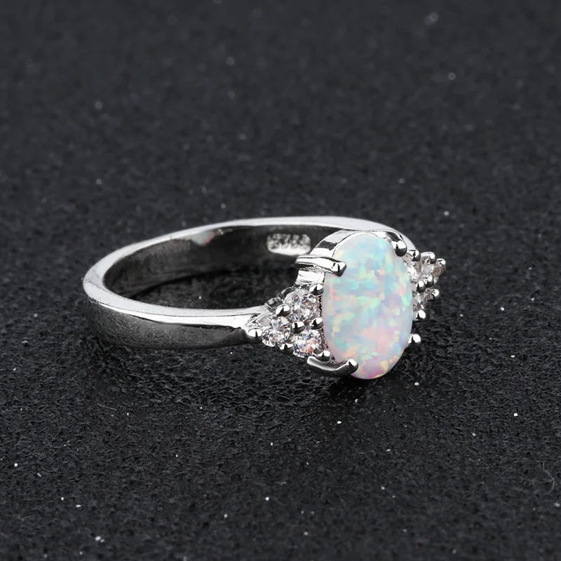 Oval White Opal Geometry Ring in 925 Silver