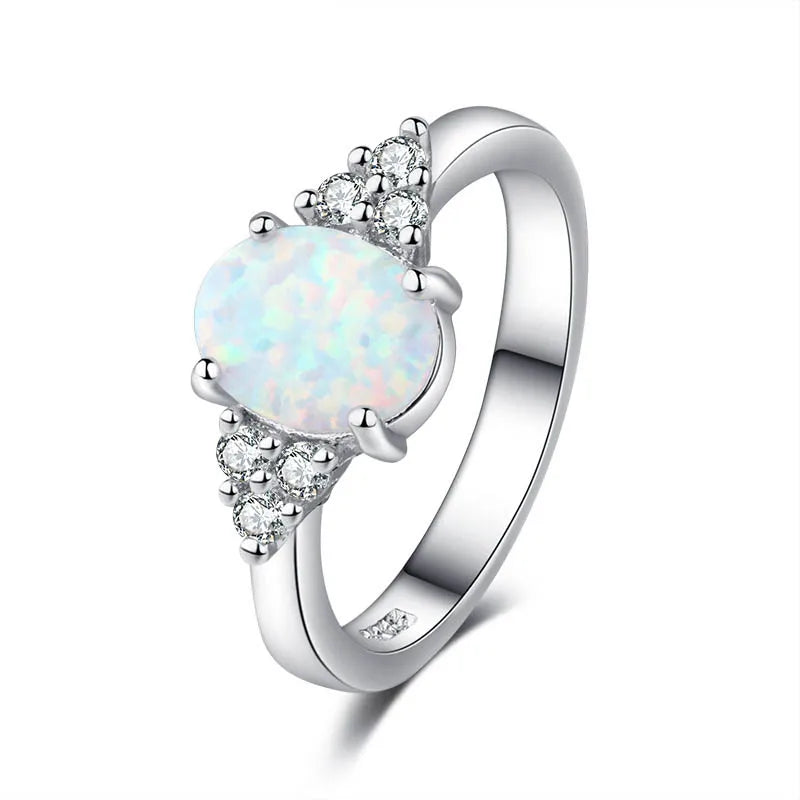 Oval White Opal Geometry Ring in 925 Silver