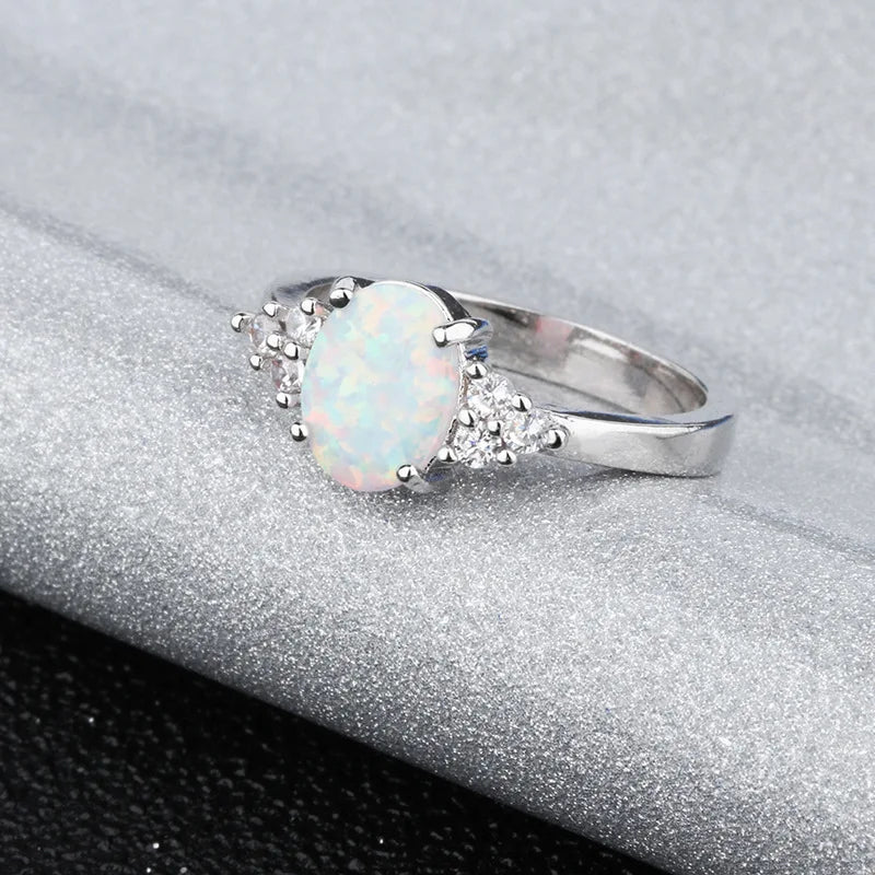 Oval White Opal Geometry Ring in 925 Silver