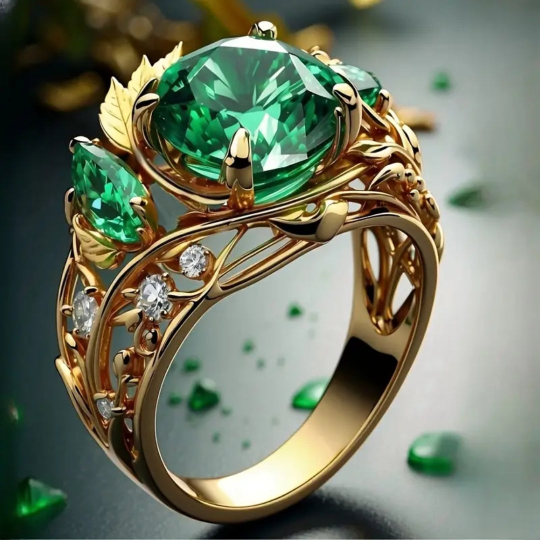 Exotic Bright Green Crystal Gold Ring
