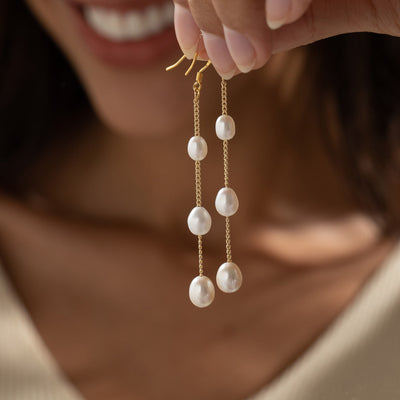 Pearl Chain Drop Earrings in Gold