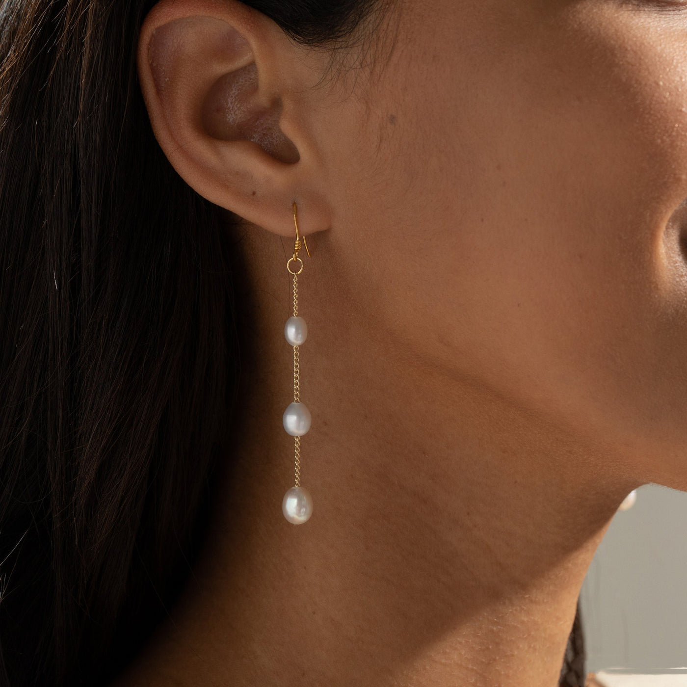 Pearl Chain Drop Earrings in Gold