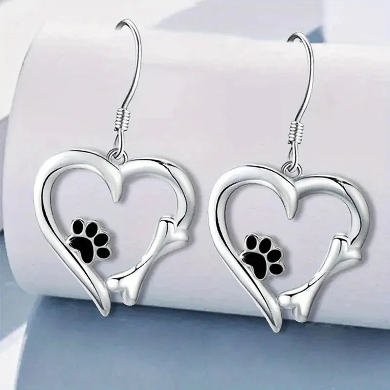 Silver Drop Earrings with Heart & Paw Design