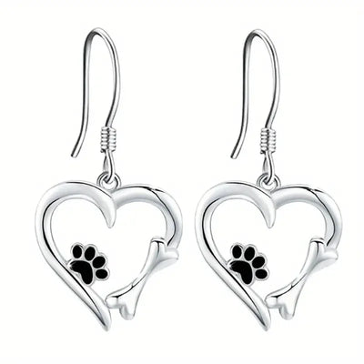 Silver Drop Earrings with Heart & Paw Design