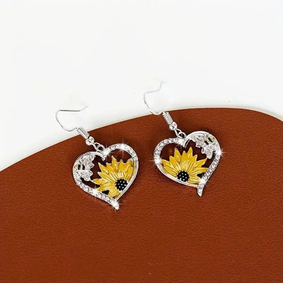 Vintage Boho Sunflower & Bee Heart Dangle Earrings