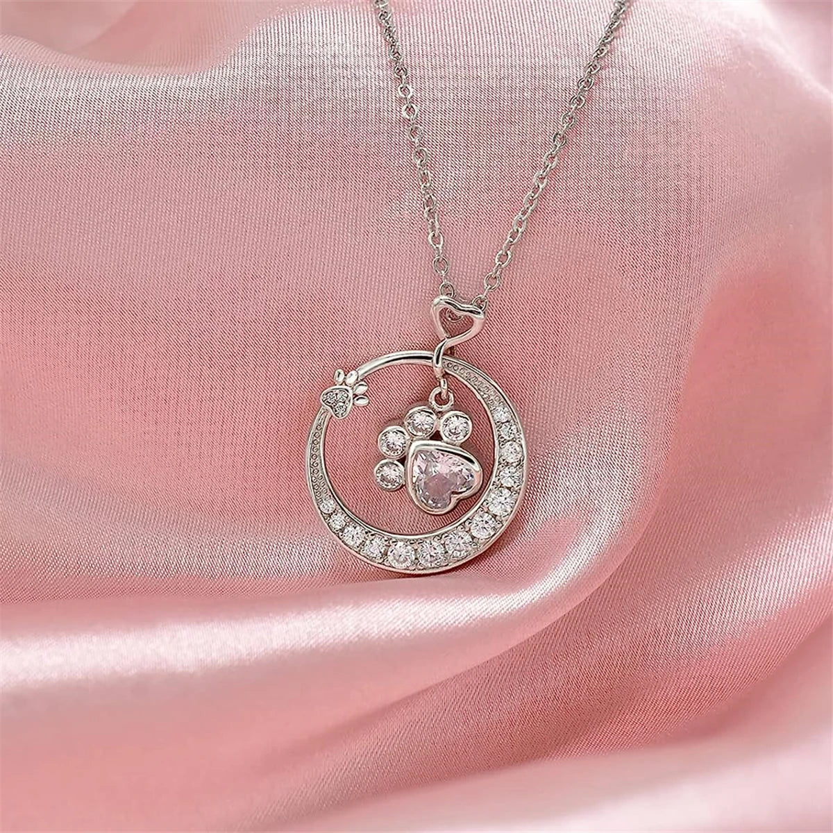Cute Paw Print Necklace Silver with Cubic Zirconia