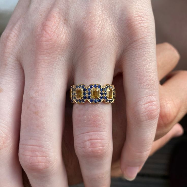 Blue & Yellow Crystals Gold Ring