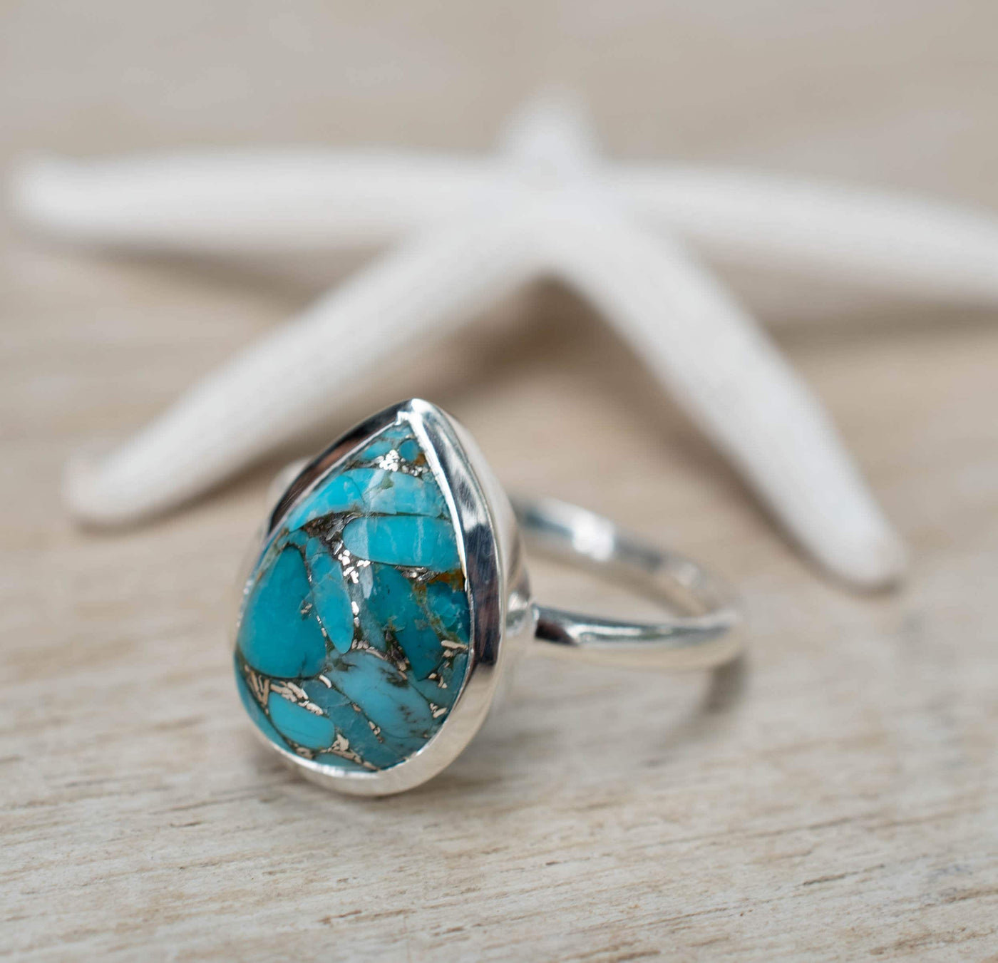 Teardrop Copper Turquoise Ring in 925 Sterling Silver