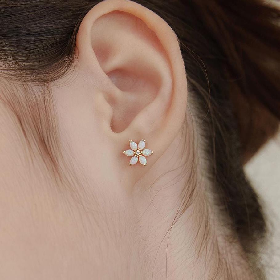 Opal Flower Stud Earrings in Silver