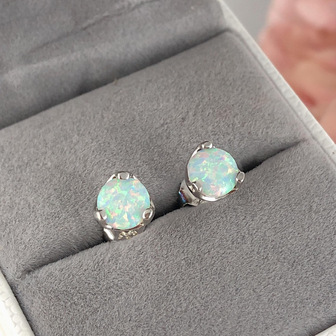 Round Sterling Silver Opal Earrings
