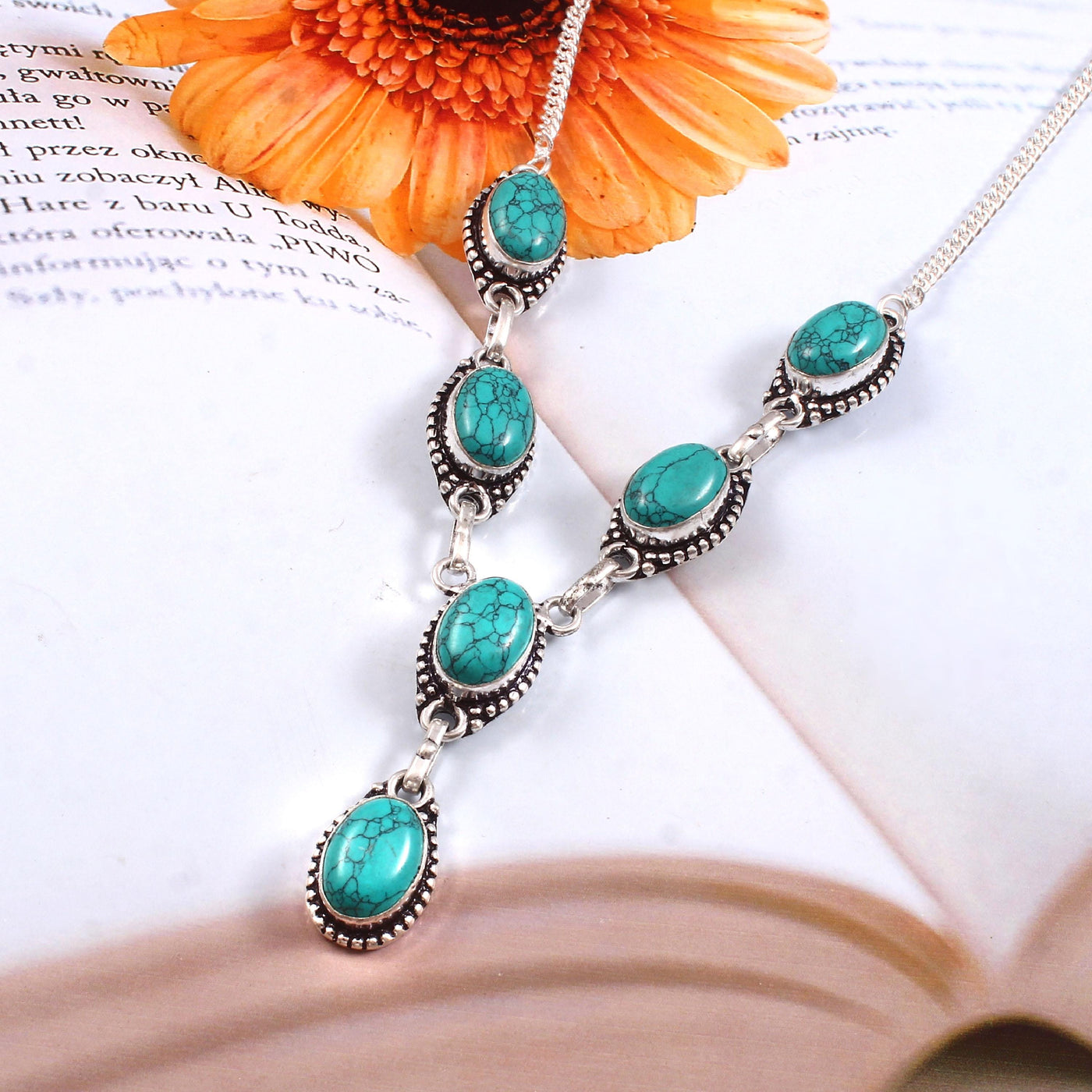 Vintage Turquoise Gemstone Necklace in 925 Sterling Silver