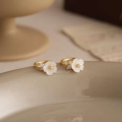 Mother of Pearl Flower Hoop Earrings in Gold