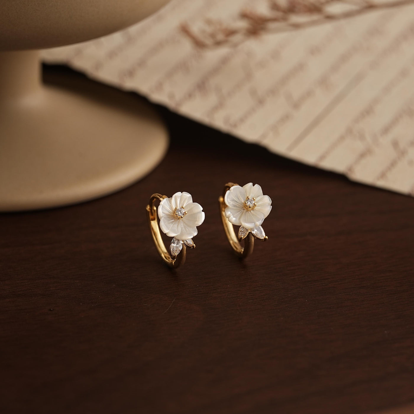 Mother of Pearl Flower Hoop Earrings in Gold