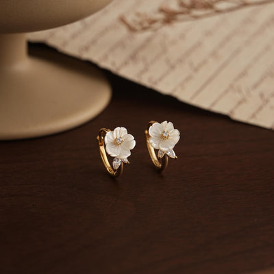 Mother of Pearl Flower Hoop Earrings in Gold