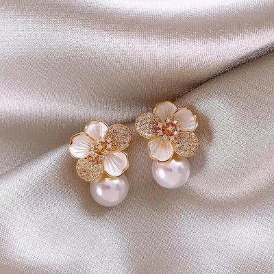 White Camellia Pearl Pendant Earrings