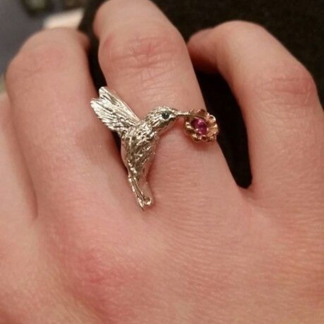 Red Crystal Golden Hummingbird Ring
